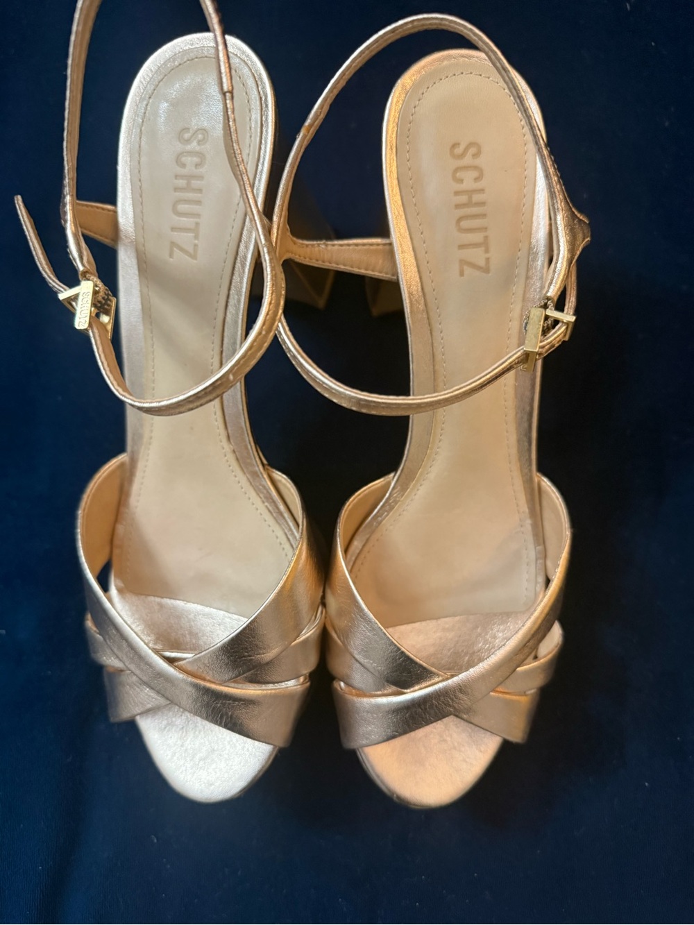 SCHUTZ Gold Metallic Crisscross Ankle-Strap Heels - Picture 2 of 6
